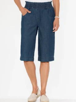 Jeansbermudas mit gesmoktem Dehnbund