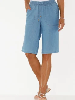 Jeansbermudas mit gesmoktem Dehnbund