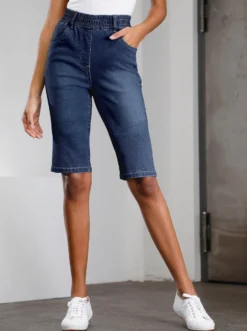 Jeansbermudas mit hohem Rundum-Dehnbund
