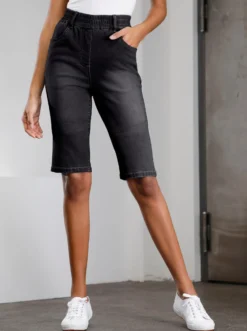 Jeansbermudas mit hohem Rundum-Dehnbund