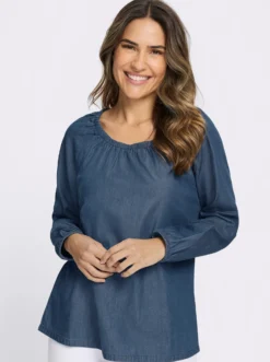 Jeansbluse mit Gummizug am Ausschnitt