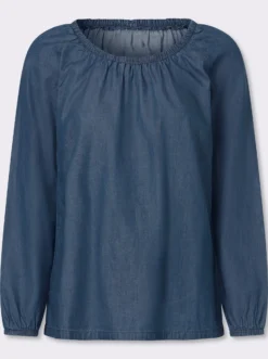 Jeansbluse mit Gummizug am Ausschnitt