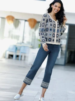 7/8-Jeans mit Stickerei am Saum