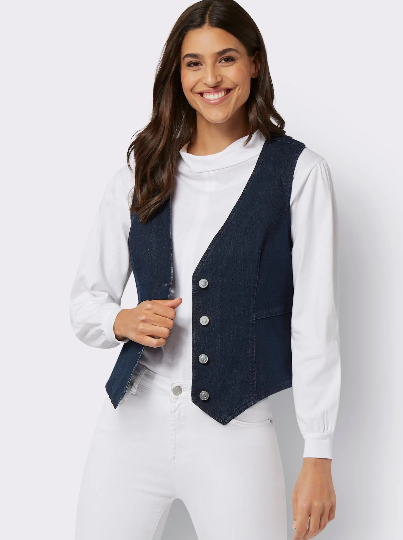 Jeansweste mit spitz zulaufendem Saum vorne