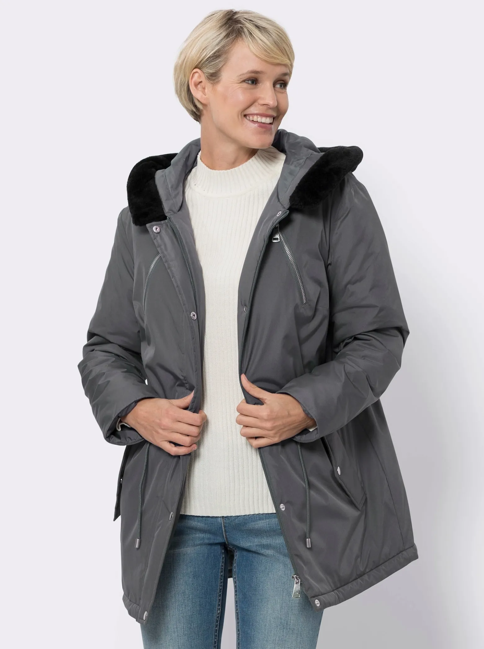 Kapuzenjacke mit Pelz-Imitat-Besatz
