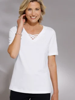 Kurzarmshirt mit Blüten-Stickerei