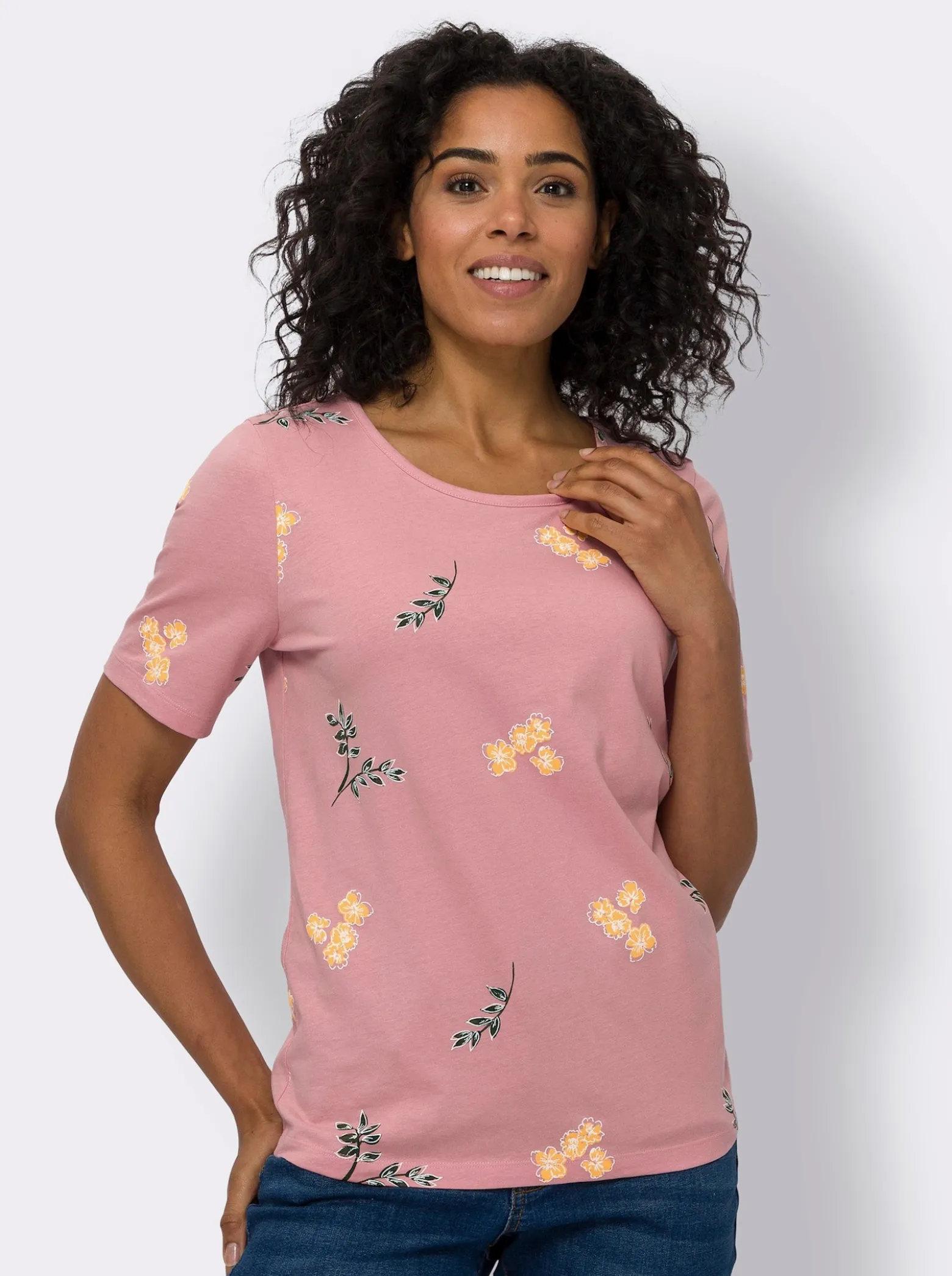 Kurzarmshirt mit Blüten- und Blätter-Print