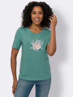 Kurzarmshirt mit Blumen-Federn-Druck