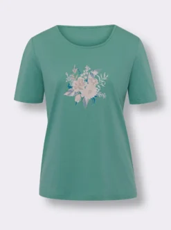 Kurzarmshirt mit Blumen-Federn-Druck