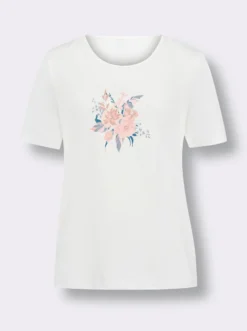 Kurzarmshirt mit Blumen-Federn-Druck