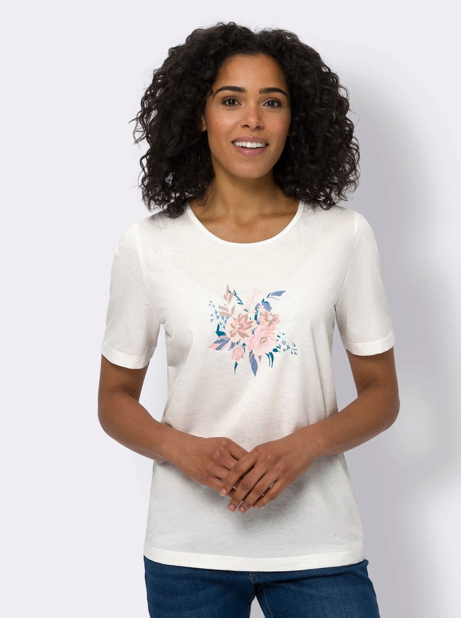 Kurzarmshirt mit Blumen-Federn-Druck