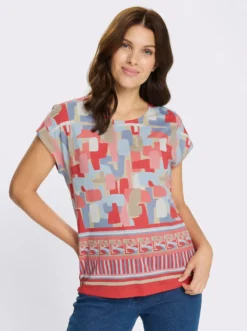 Kurzarmshirt mit buntem Bordüren-Druck