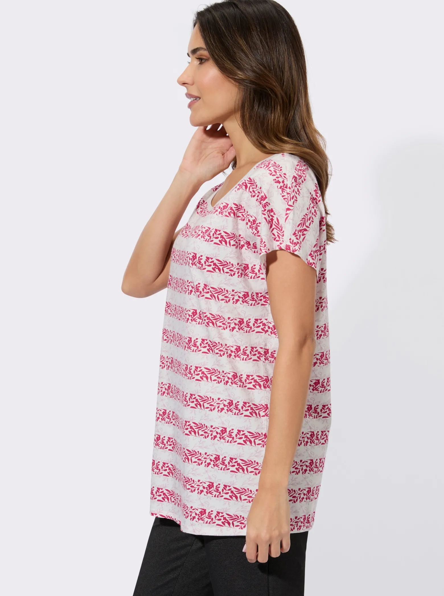 Kurzarmshirt mit floralem Streifendruck
