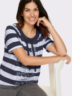 Kurzarmshirt mit Glitzer-Druck, gestreift