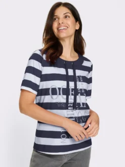 Kurzarmshirt mit Glitzer-Druck, gestreift
