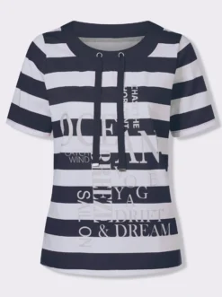 Kurzarmshirt mit Glitzer-Druck, gestreift
