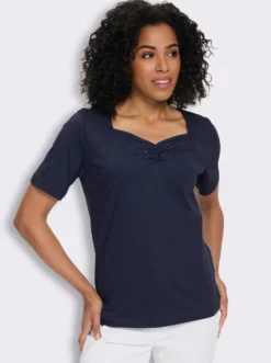 Kurzarmshirt mit Raffung am Ausschnitt