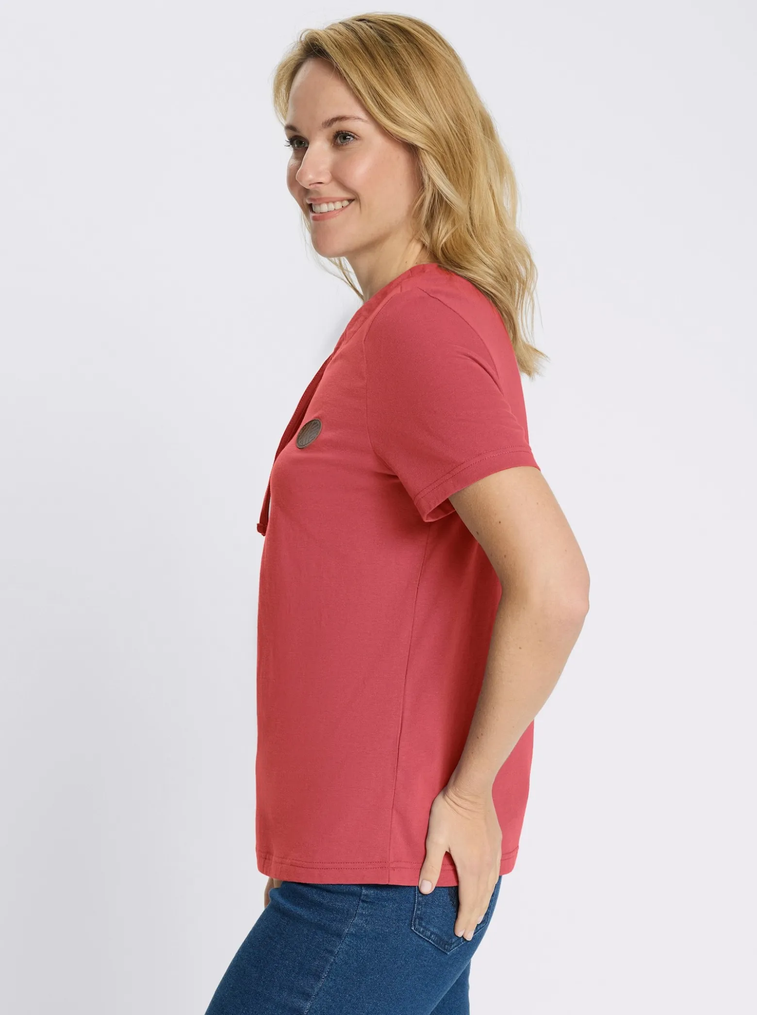 Kurzarmshirt mit Tunnelzug am Ausschnitt