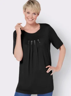 Kurzarmshirt mit Ziersteinchen, reine Viskose
