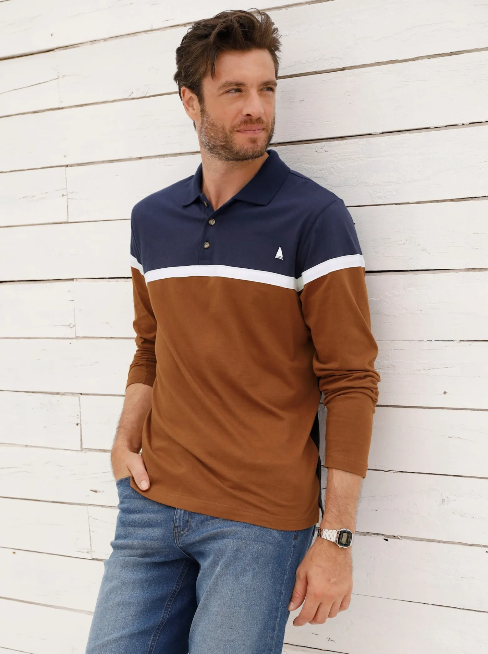 Langarm-Poloshirt im Colour Blocking-Dessin