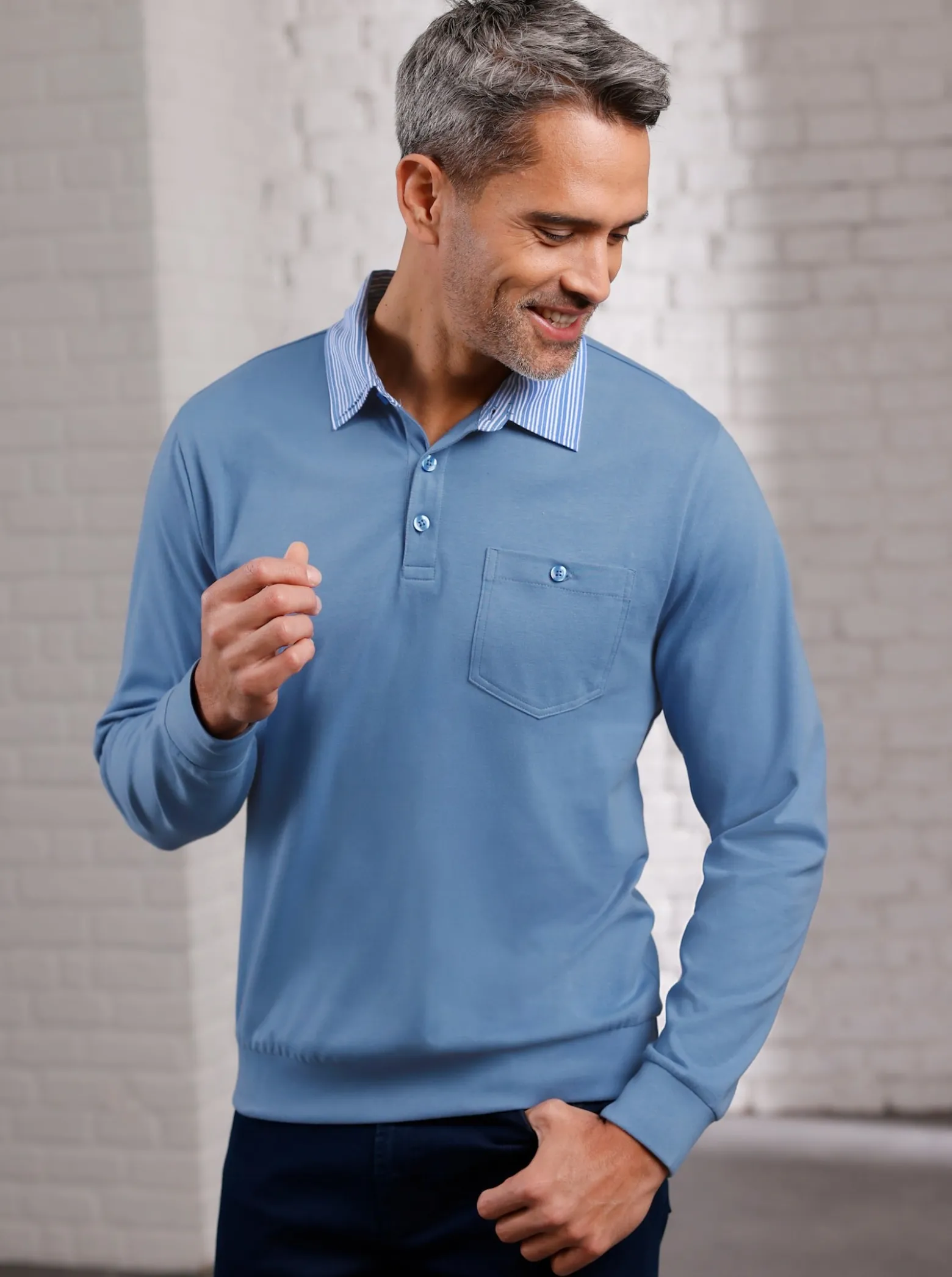 Langarm-Poloshirt mit gewebtem Streifenmuster