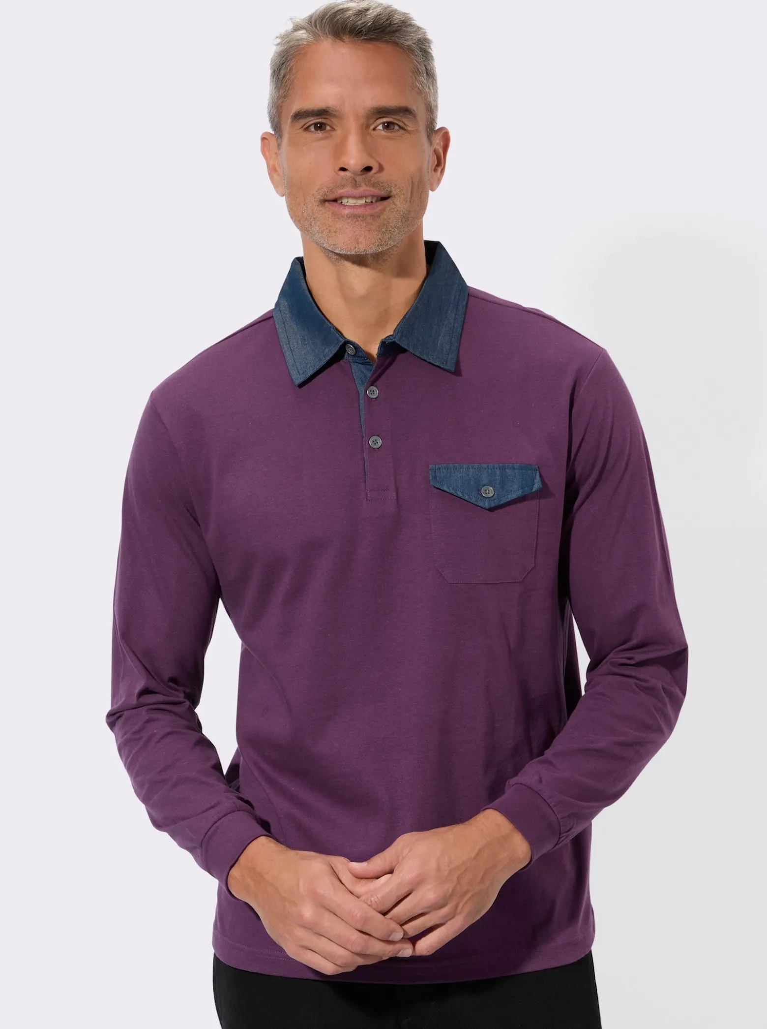 Langarm-Poloshirt mit gewebten Details
