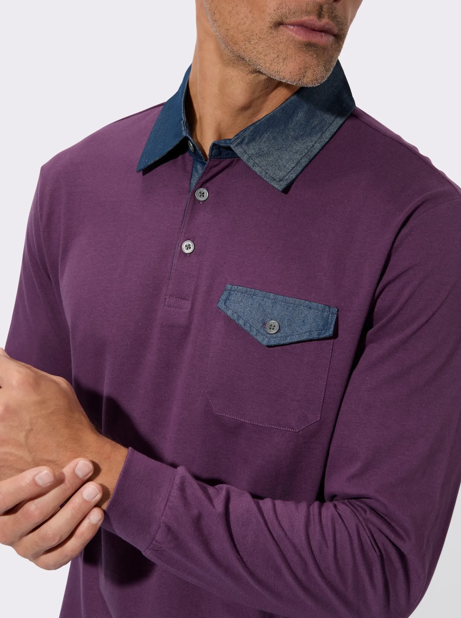 Langarm-Poloshirt mit gewebten Details