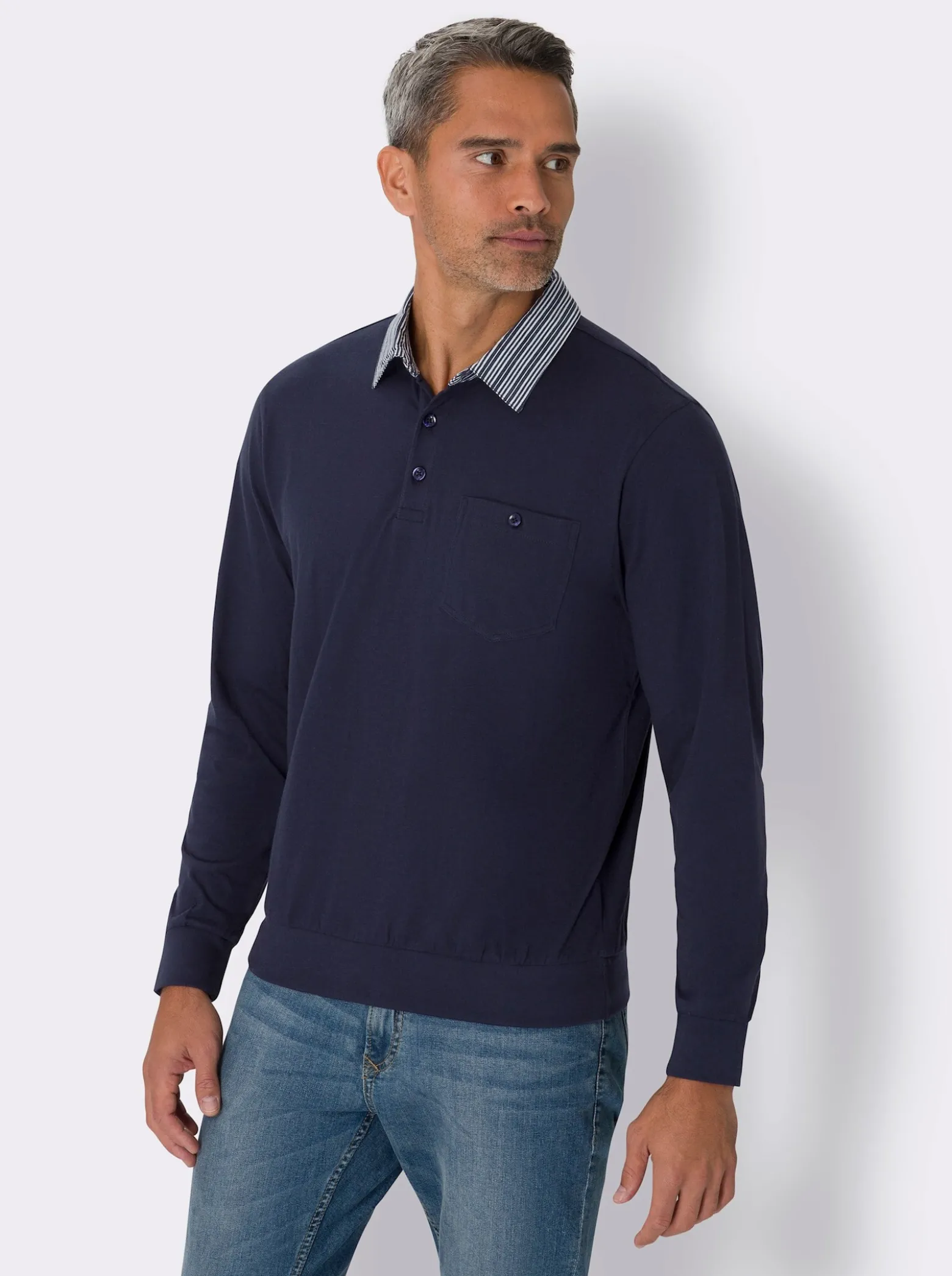 Langarm-Poloshirt mit gewebtem Streifenmuster
