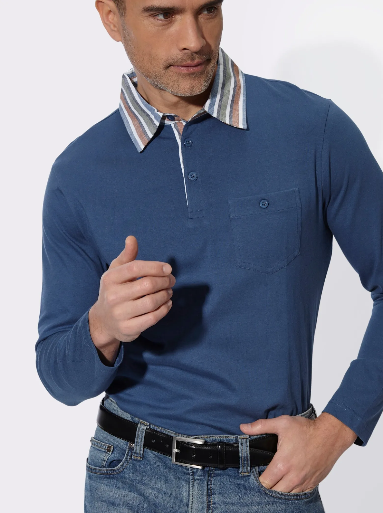Langarm-Poloshirt mit gewebtem Kragen