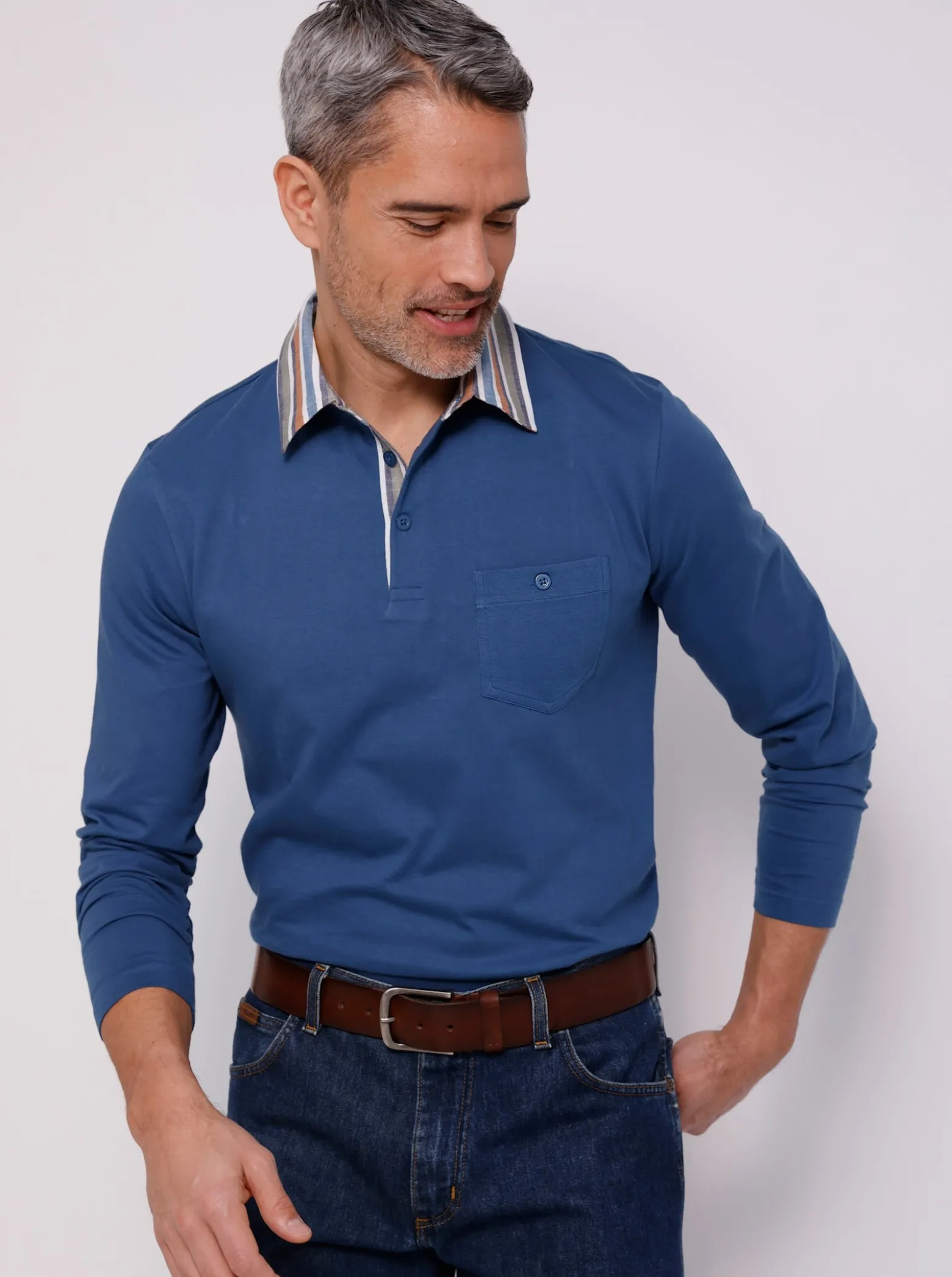 Langarm-Poloshirt mit gewebtem Kragen