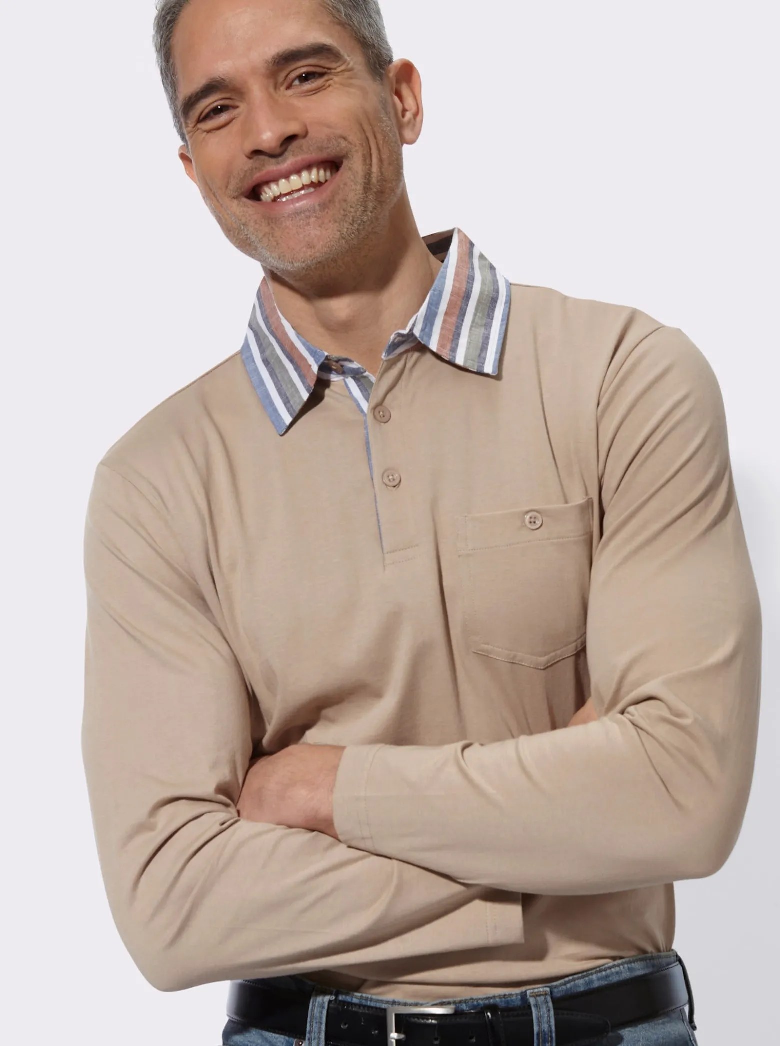 Langarm-Poloshirt mit gewebtem Kragen