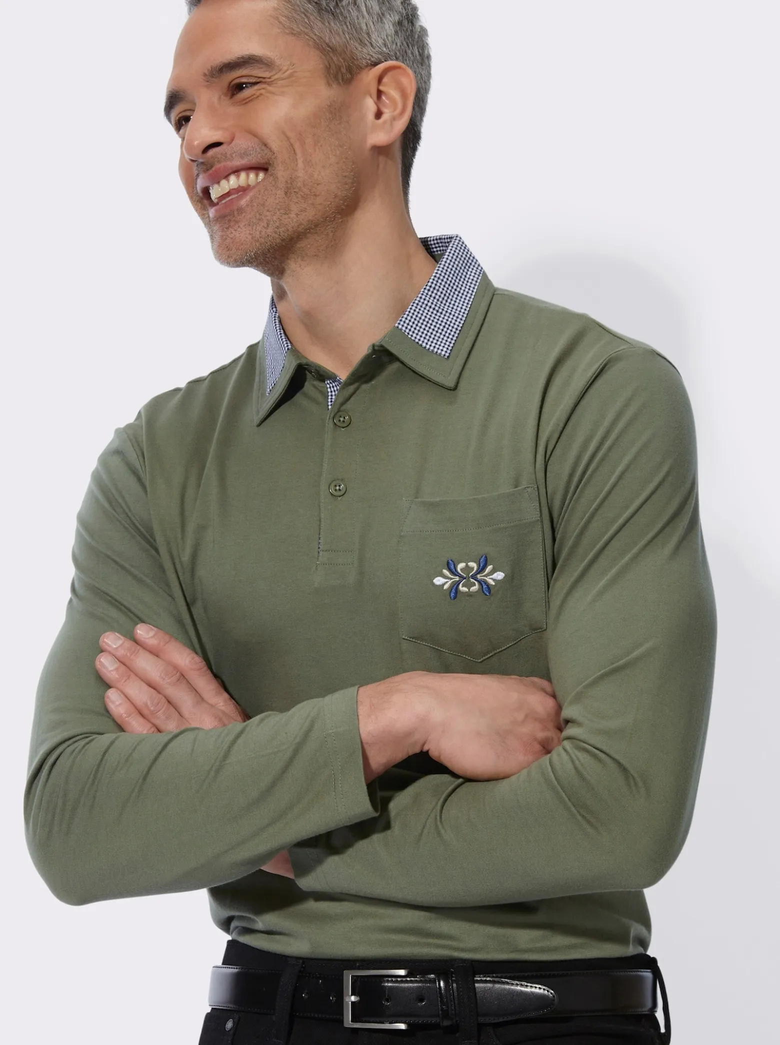 Langarm-Poloshirt mit Webkaro-Details