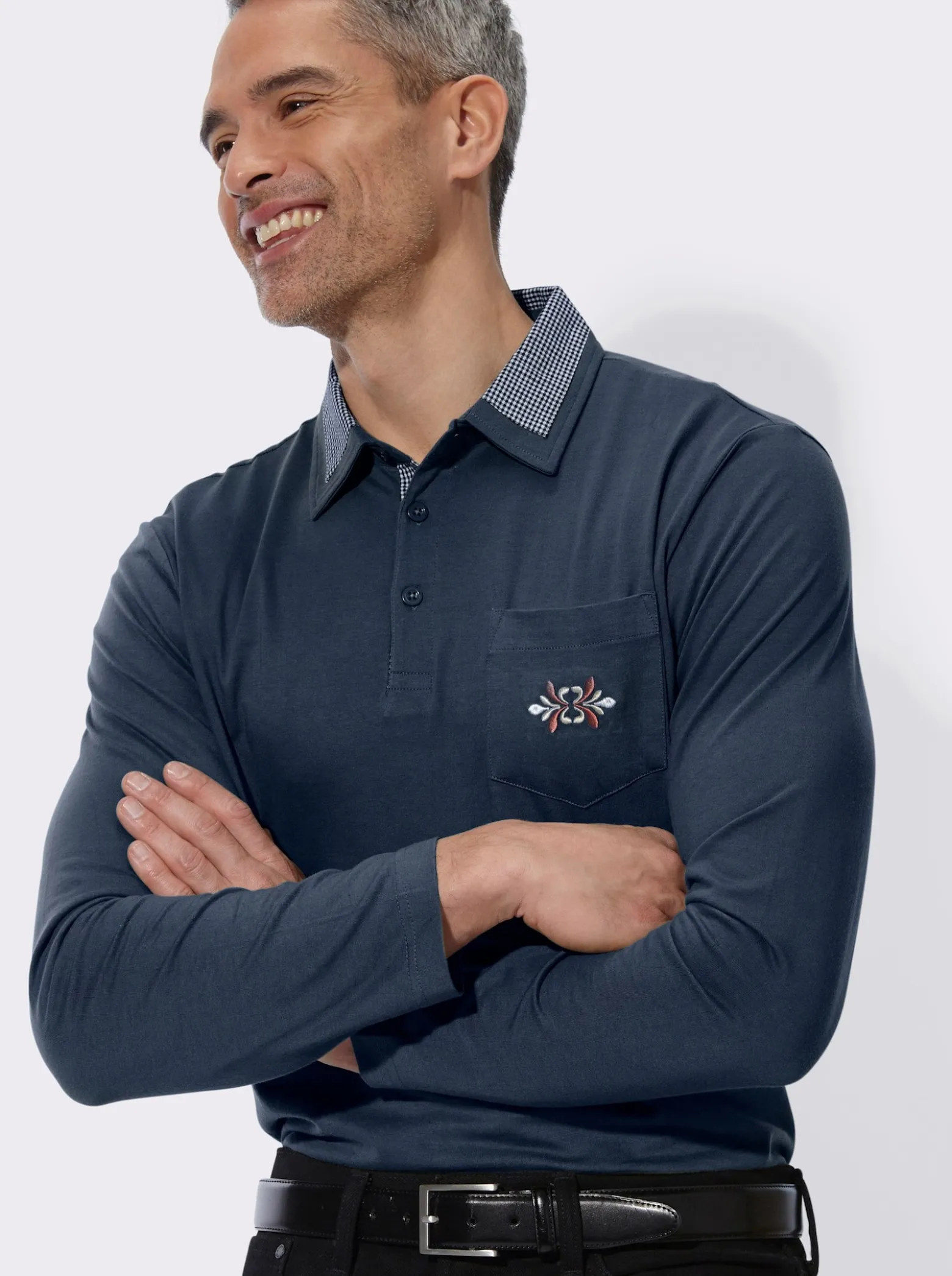 Langarm-Poloshirt mit Webkaro-Details