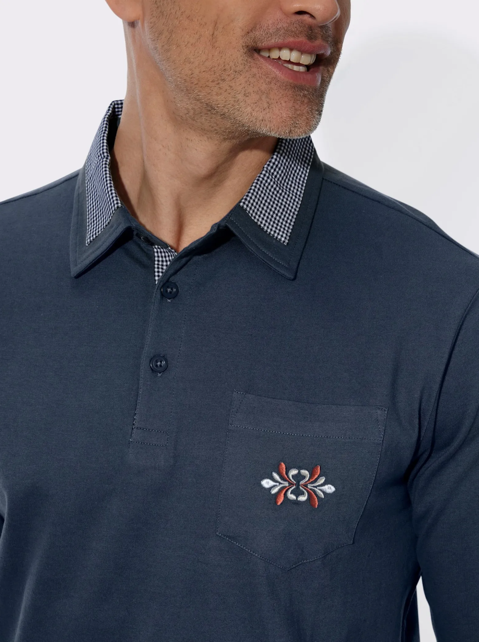 Langarm-Poloshirt mit Webkaro-Details