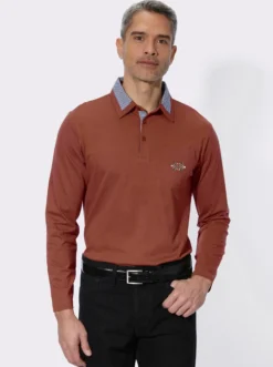 Langarm-Poloshirt mit Webkaro-Details