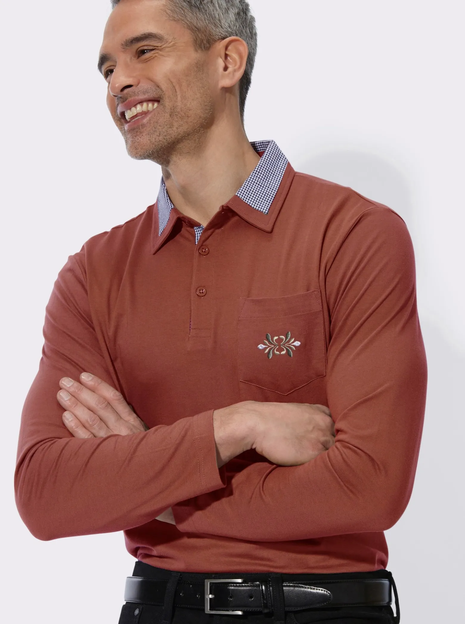 Langarm-Poloshirt mit Webkaro-Details