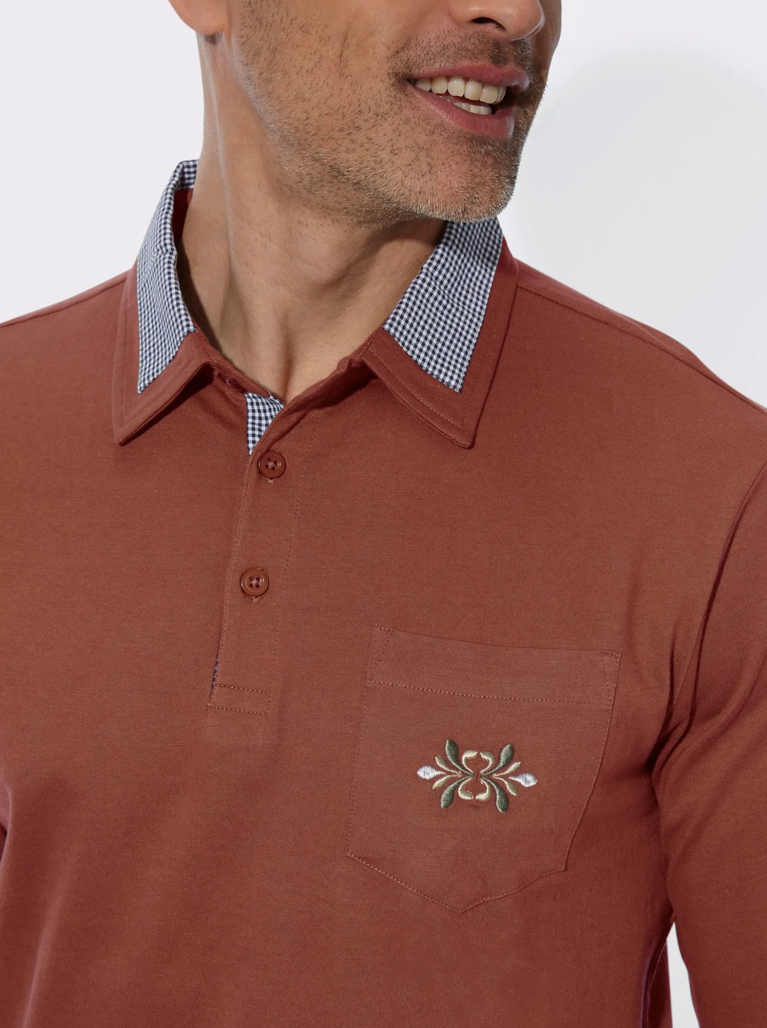 Langarm-Poloshirt mit Webkaro-Details
