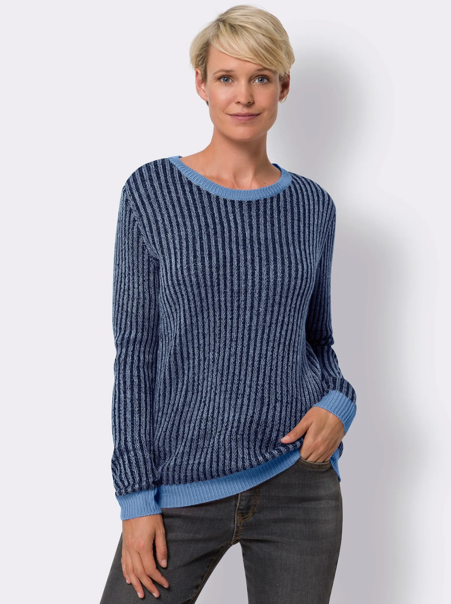 Langarm-Pullover aus zweifarbiger Rippe