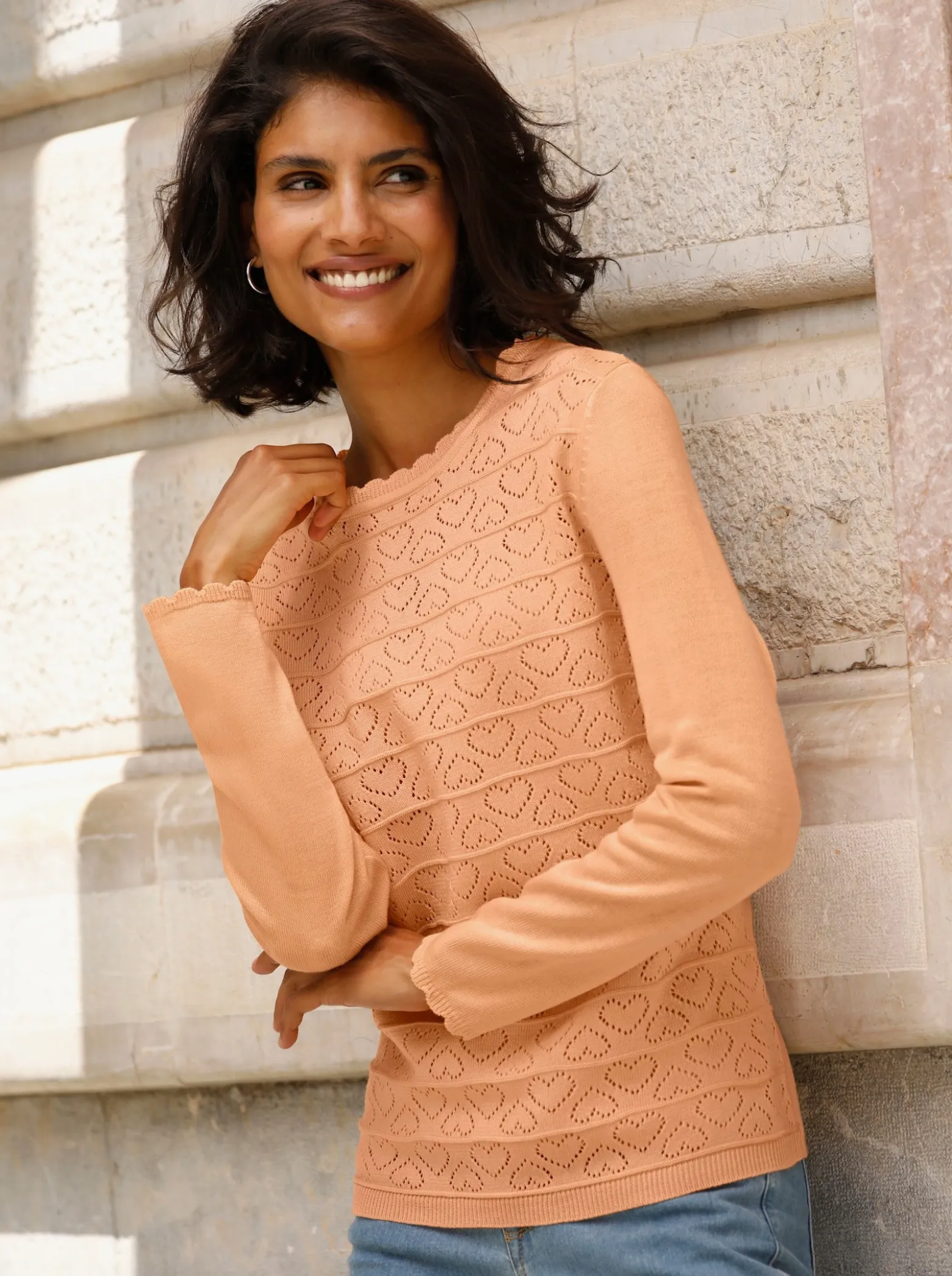 Langarm-Pullover mit Ajour-Herzchen-Muster