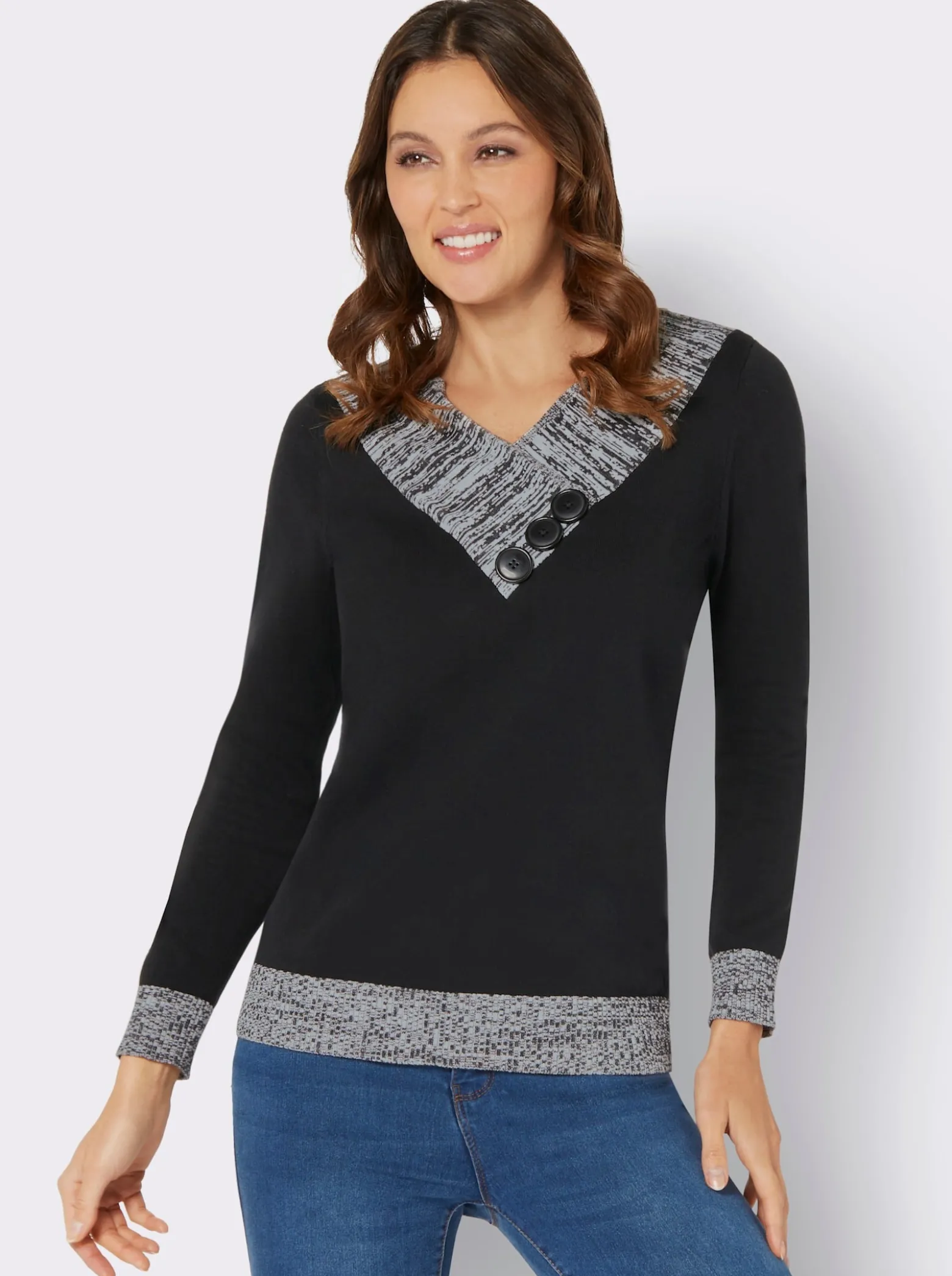 Langarm-Pullover mit Melange-Partien