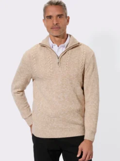Langarm-Pullover mit platziertem Zopfmuster