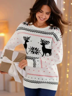 Langarm-Pullover mit Rentier-Motiv