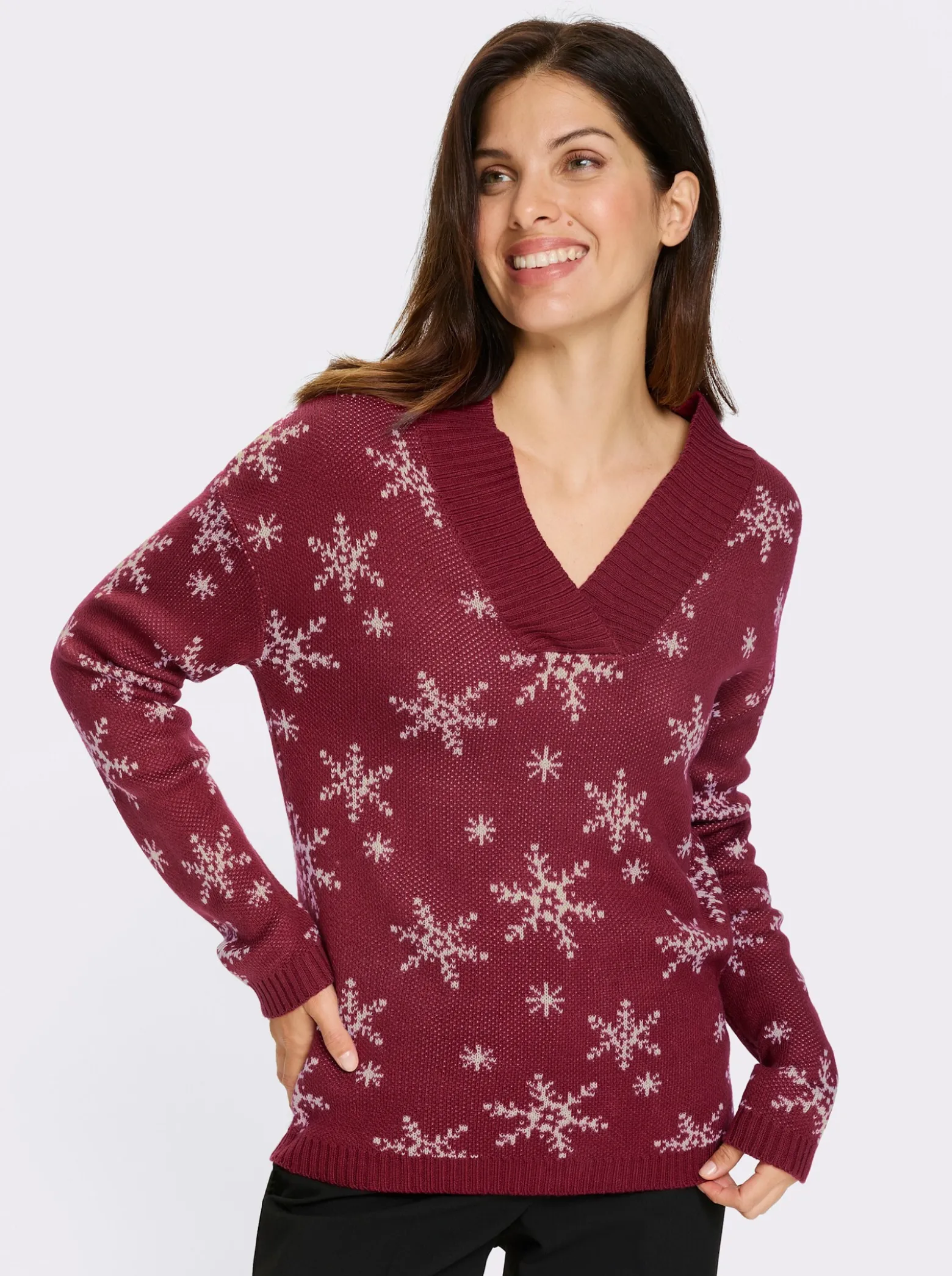 Langarm-Pullover mit Schneeflocken-Jacquardmuster