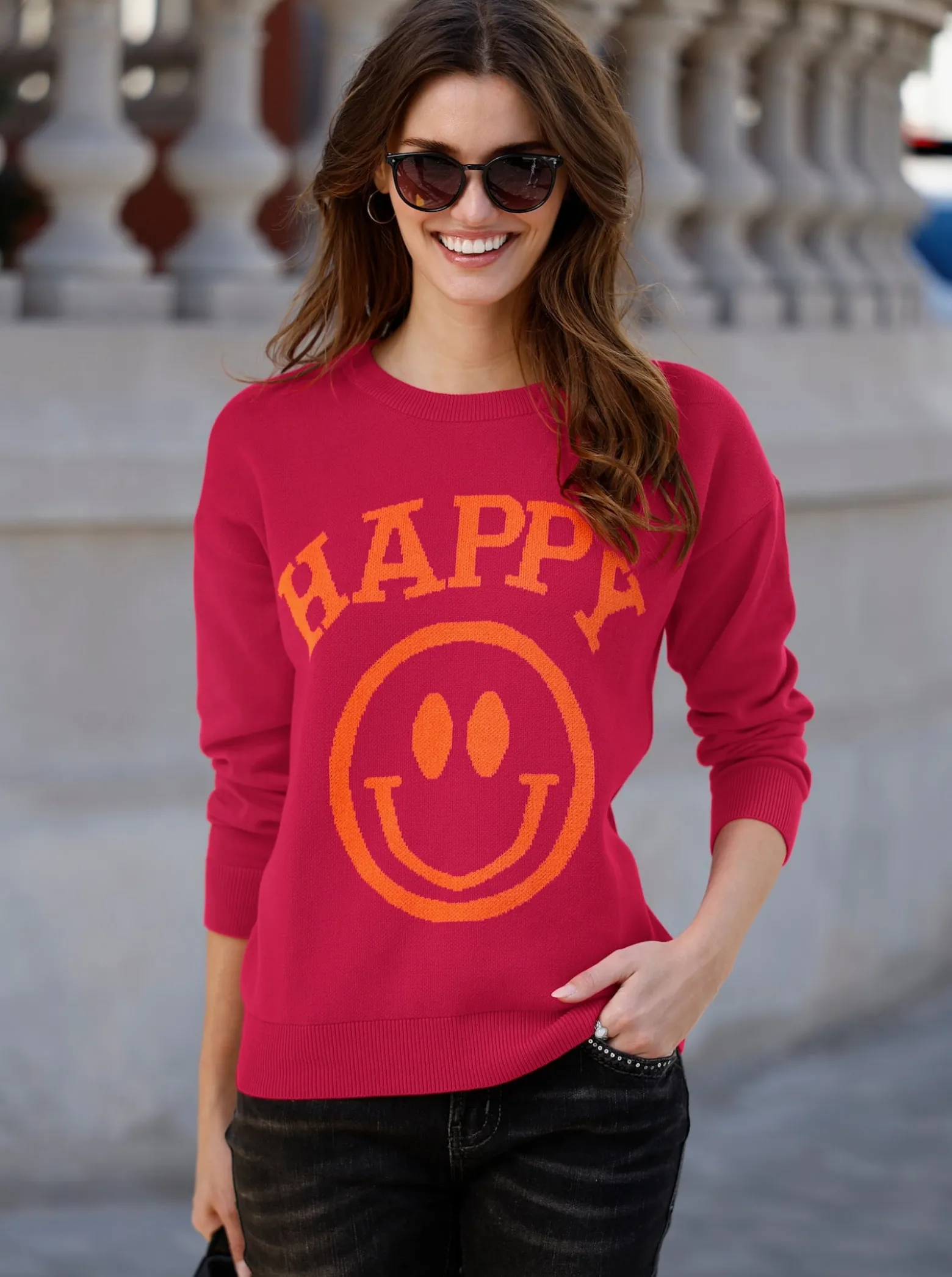Langarm-Pullover mit Smiley-Print