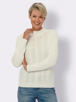 Langarm-Pullover mit Zopfmuster im Vorderteil