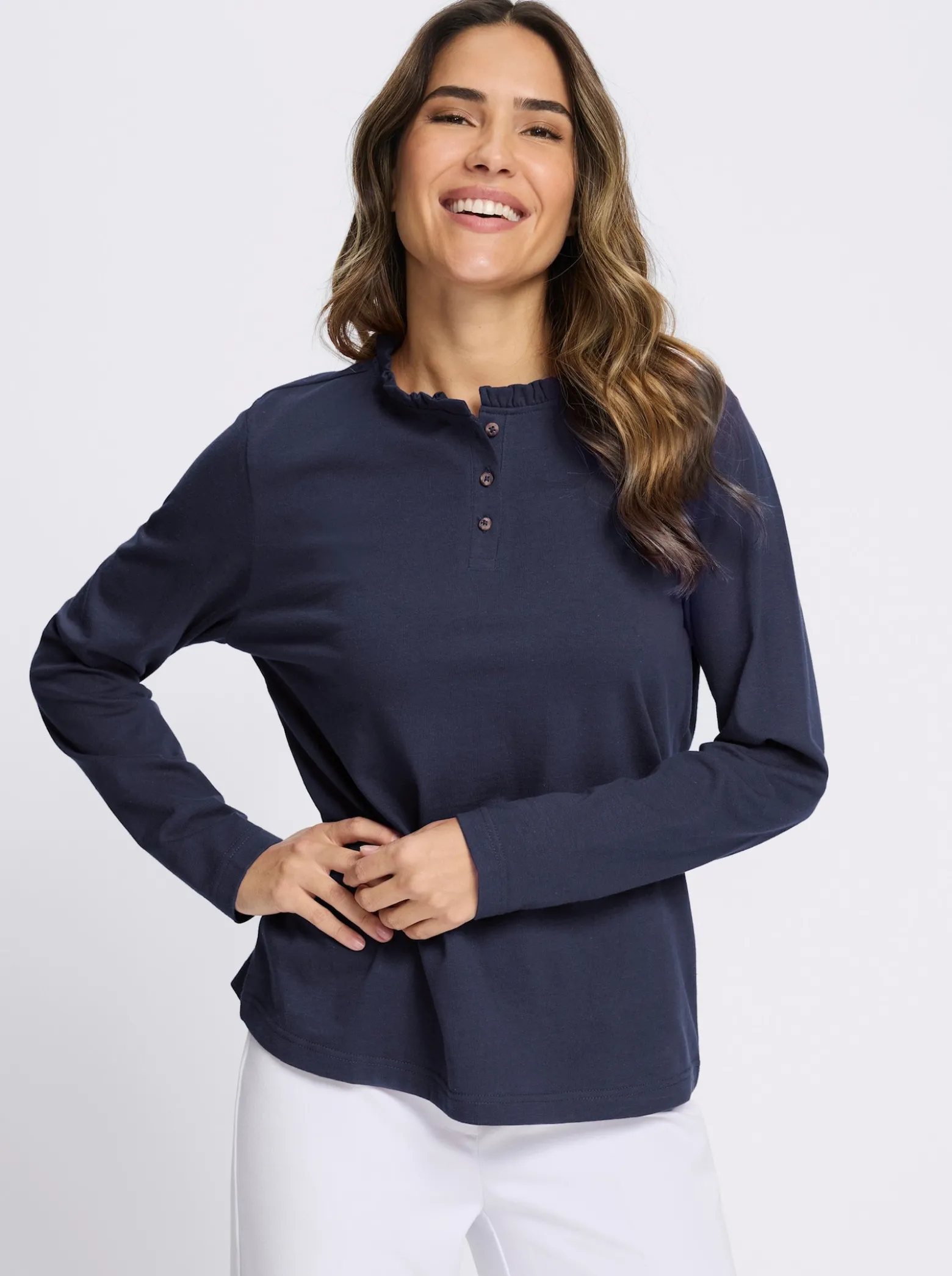 Langarmshirt mit gerüschtem Stehkragen