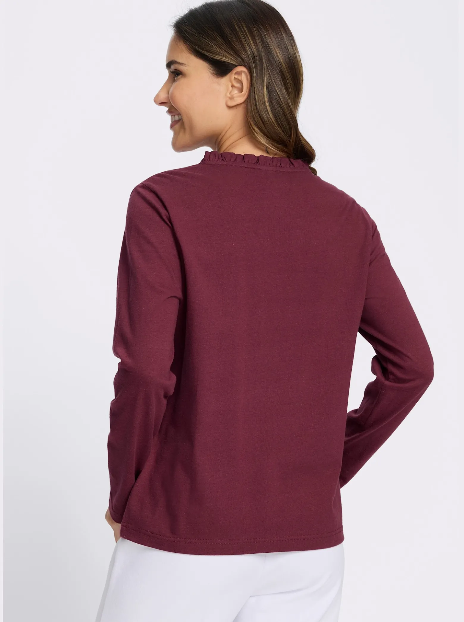 Langarmshirt mit gerüschtem Stehkragen