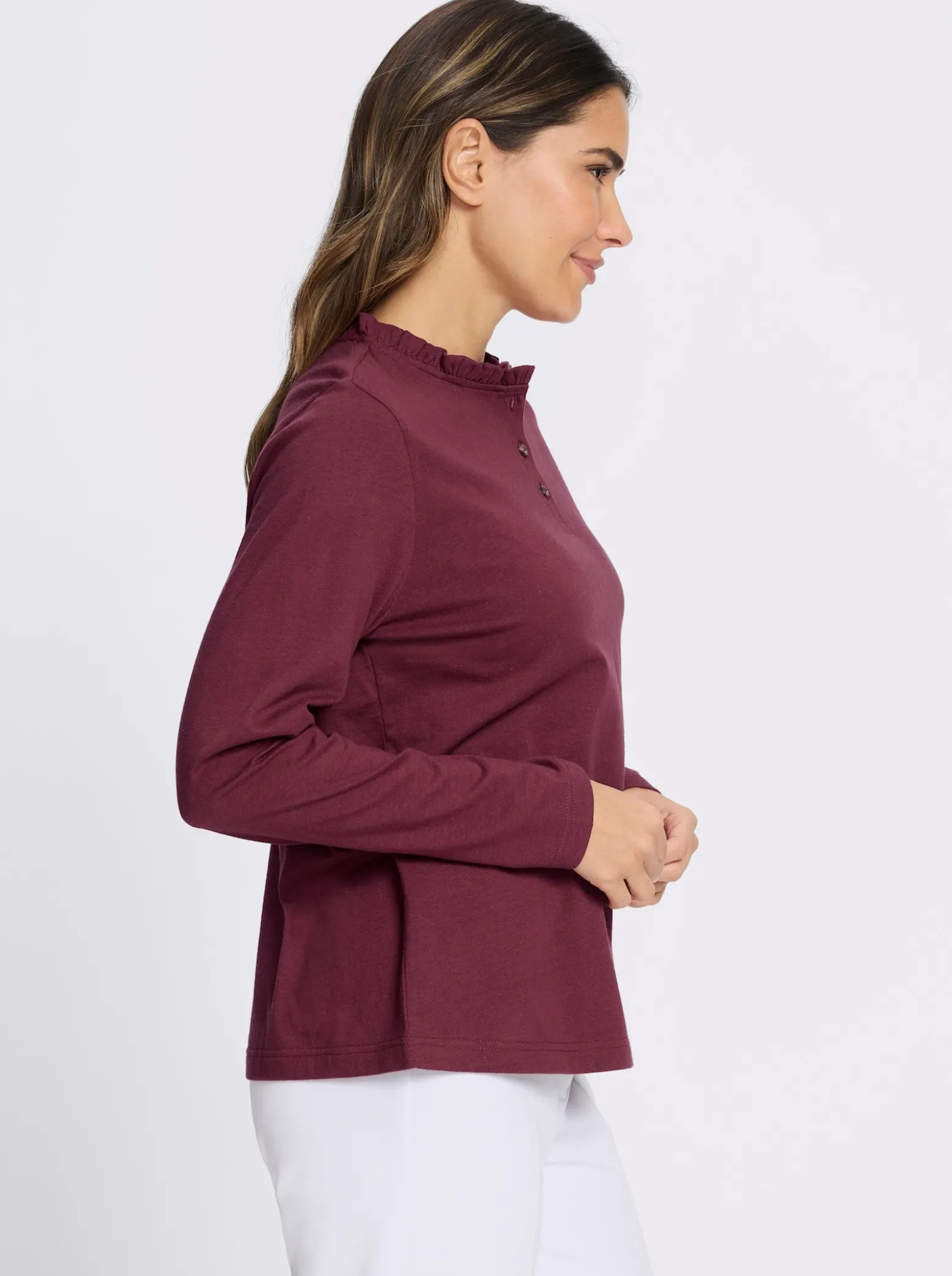 Langarmshirt mit gerüschtem Stehkragen