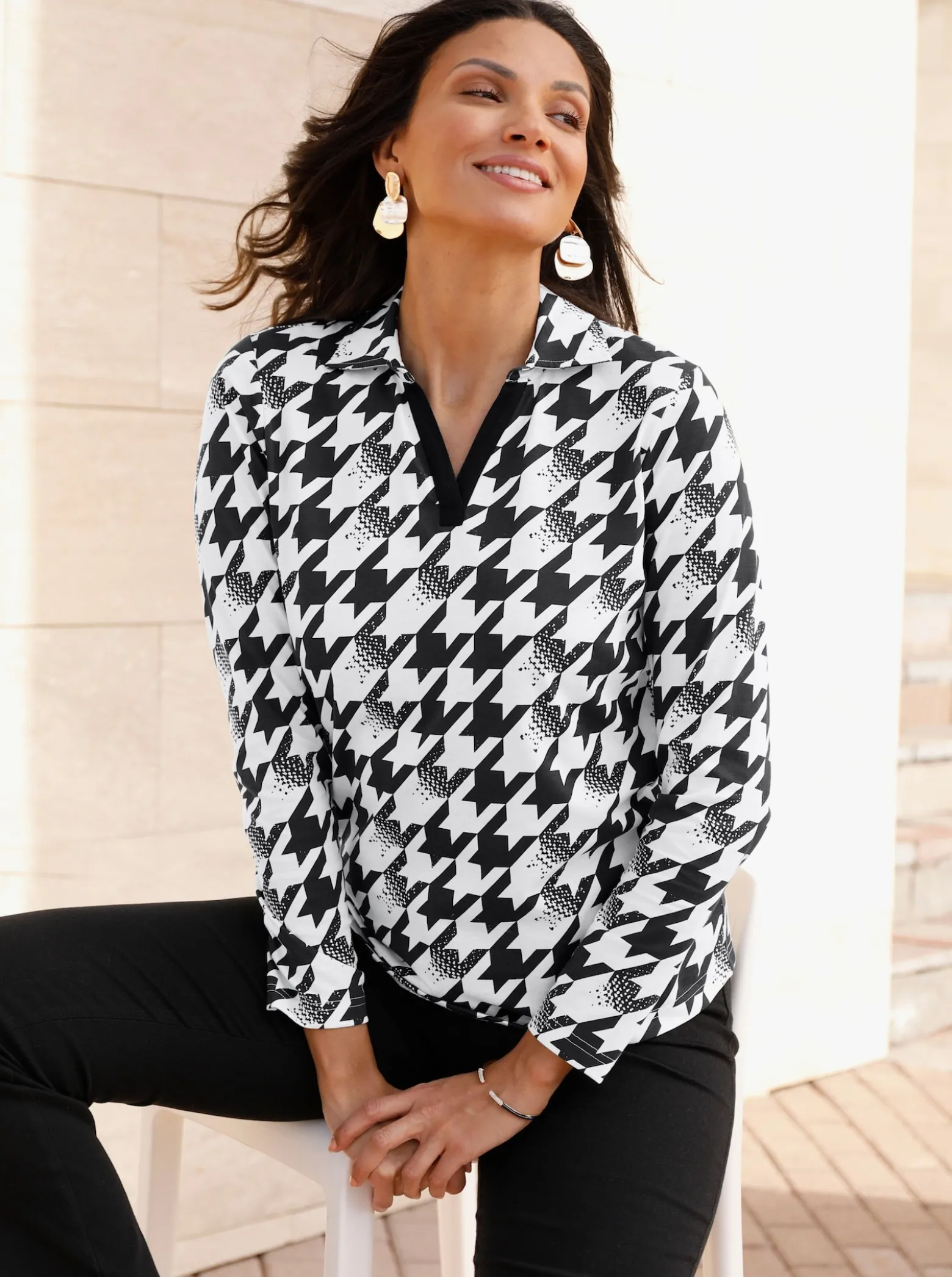 Langarmshirt mit Hahnentritt-Muster