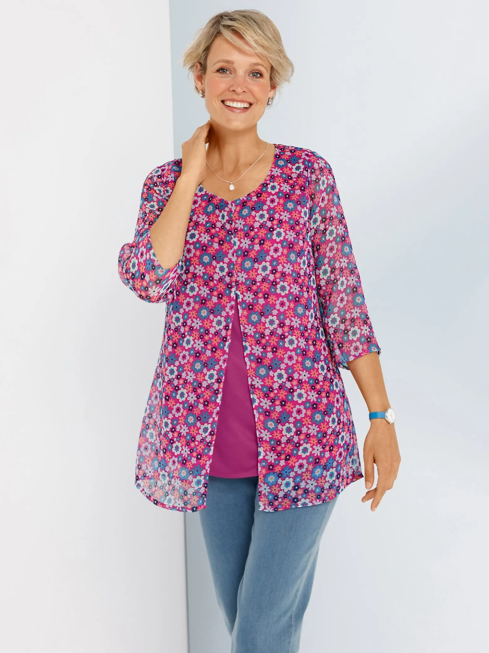 Longbluse in 2-in-1-Optik, obere Lage transparent